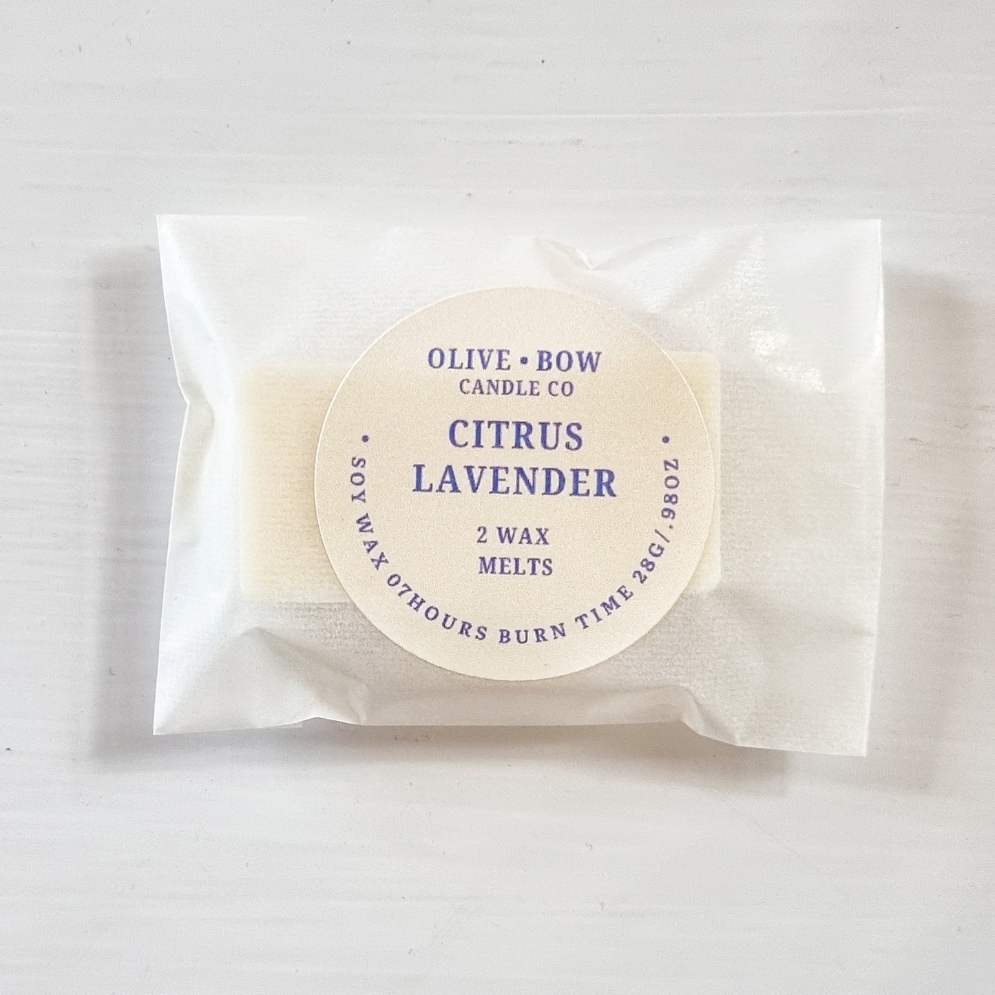 Pack of Citrus Lavender wax melts from Olive & Bow Candle Co on a white background