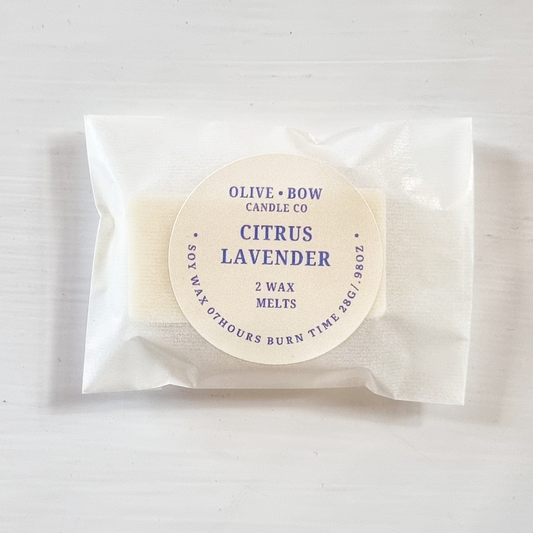 Pack of Citrus Lavender wax melts from Olive & Bow Candle Co on a white background
