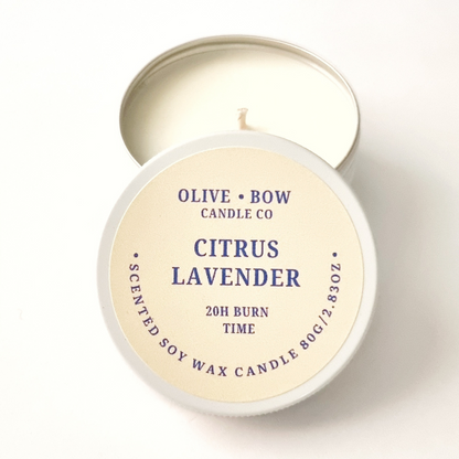 Citrus Lavender candle with Olive Bow Candle Co label on a white background