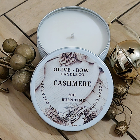 Cashmere scented soy candle, made by Olive Bow Candle Co