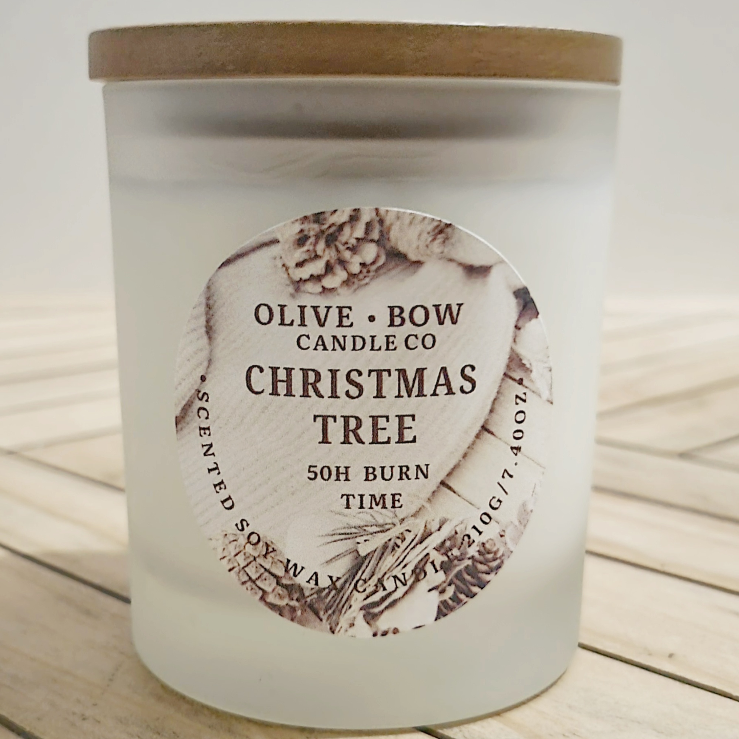 Soy candle in the scent Christmas tree, made by Olive Bow Candle Co