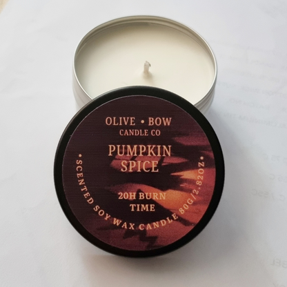 Olive Bow Candle Co pumpkin spice soy candle with lid on a white background